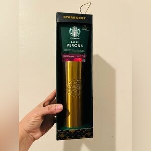 STARBUCKS  git set 20 oz Gold Copper glitter  stainlees steel tumbler & coffe